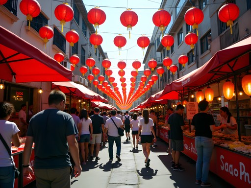 Colorful Japanese street market in Liberdade neighborhood with food stalls and paper lanterns