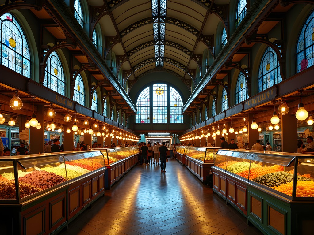 Interior of São Paulo's Mercado Municipal with colorful food stalls and stained glass windows