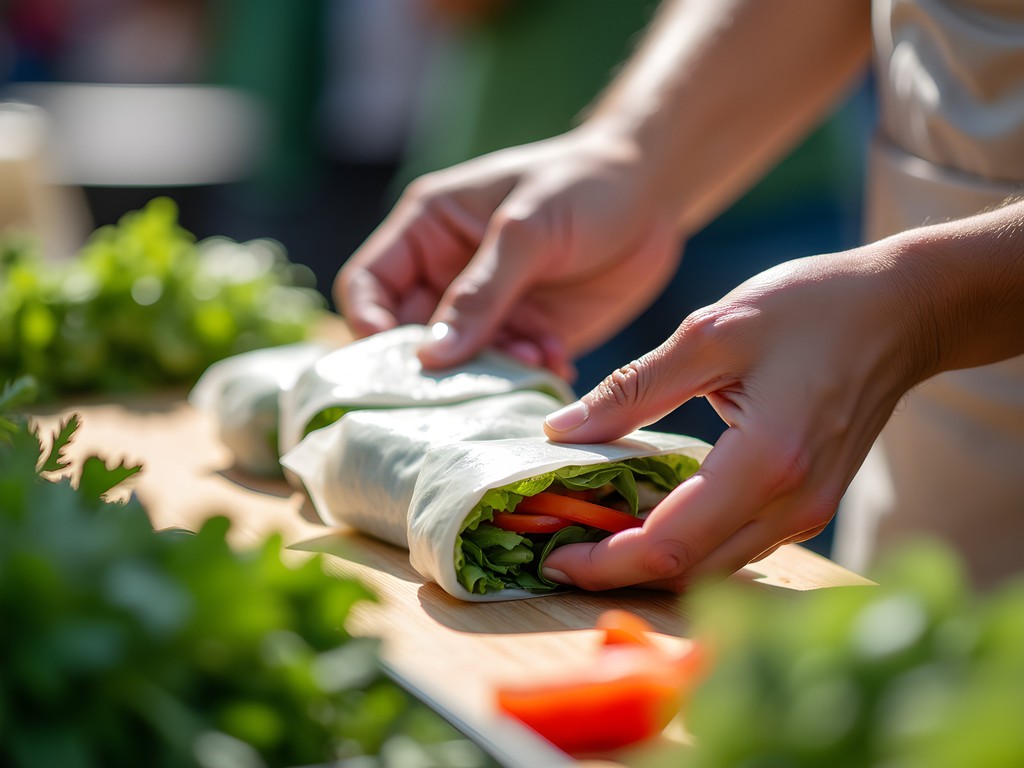 Fresh Vietnamese spring rolls being prepared at Tallahassee farmers market
