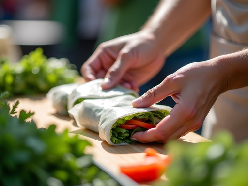 Fresh Vietnamese spring rolls being prepared at Tallahassee farmers market
