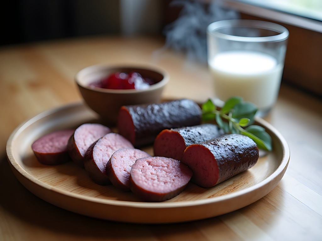 Traditional Tampere mustamakkara black sausage served with lingonberry jam and milk