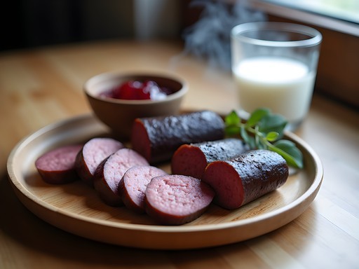 Traditional Tampere mustamakkara black sausage served with lingonberry jam and milk