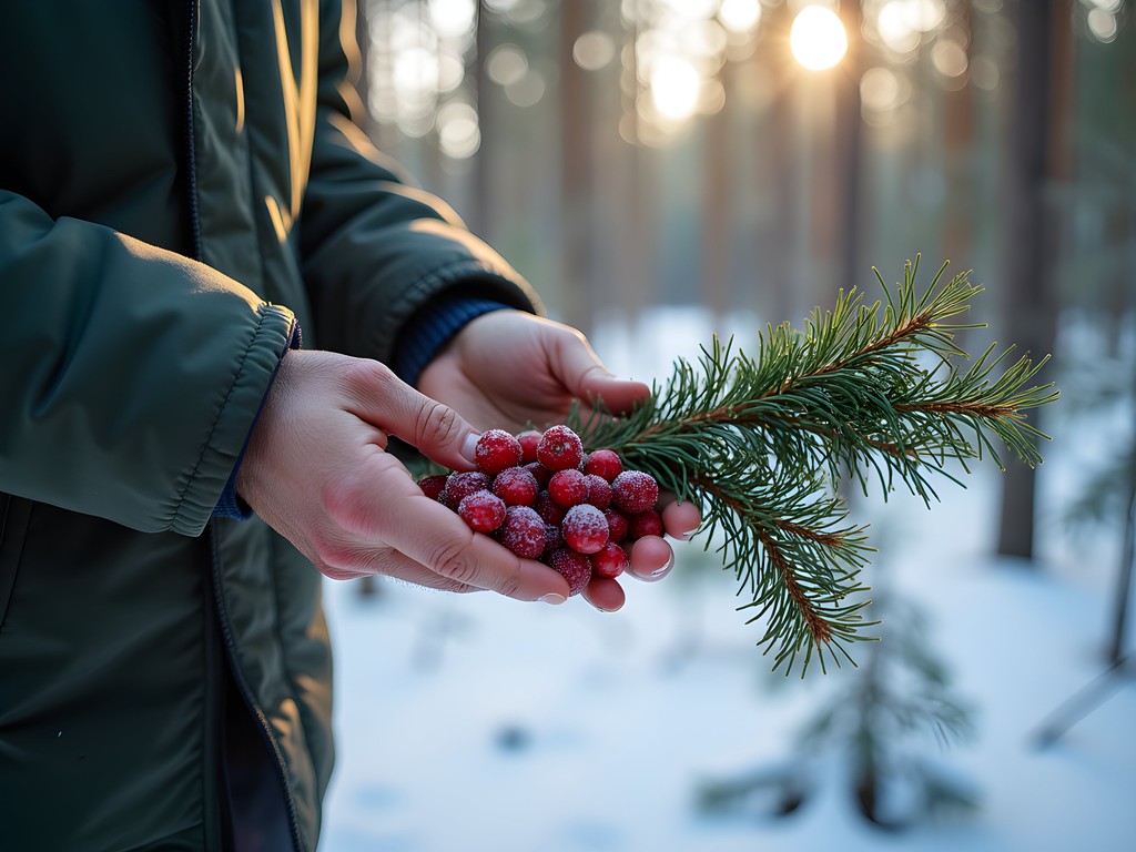 Winter foraging expedition in snowy forest outside Tampere, Finland
