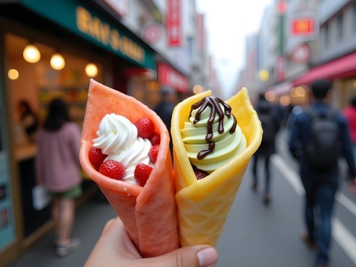 Colorful Harajuku-style crepes filled with fresh fruit and ice cream on Takeshita Street