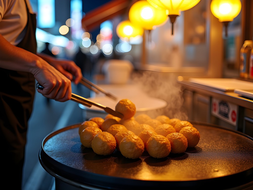 Traditional takoyaki vendor flipping octopus balls on specialized griddle in Tokyo