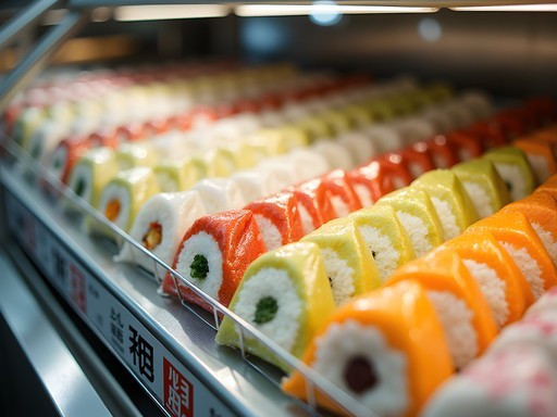 Colorful display of various onigiri rice balls at a Tokyo convenience store