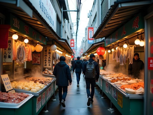Bustling narrow alleyway in Tsukiji Outer Market with various street food stalls and vendors