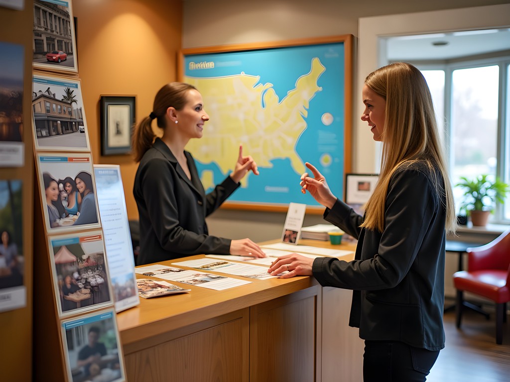 Woman reviewing Trenton dining guide map at visitors center