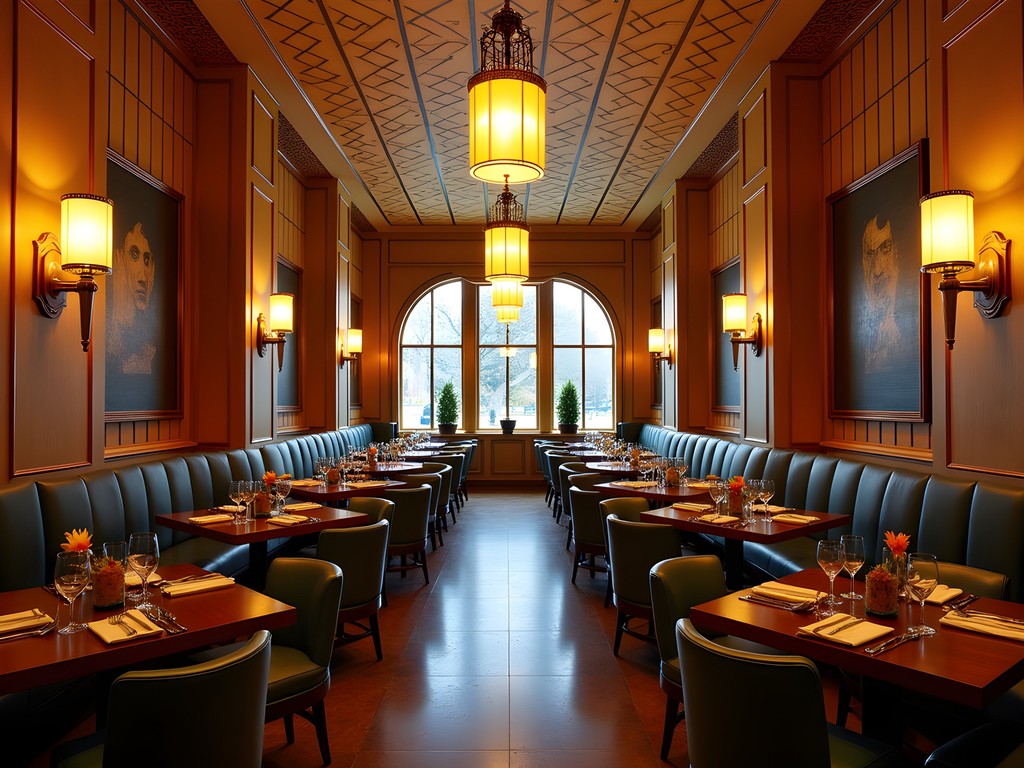 Elegant Art Deco restaurant interior in downtown Tulsa with original architectural details