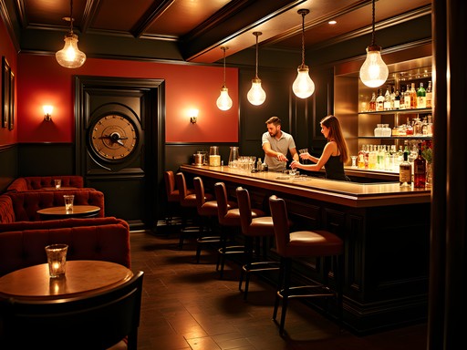 Atmospheric speakeasy-style cocktail bar in historic Tulsa building with Art Deco details