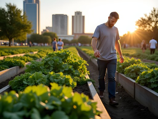 Urban farm setting in Tulsa with chef selecting fresh produce for farm-to-table restaurant