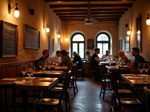 Cozy interior of an authentic neighborhood osteria in Venice with locals dining