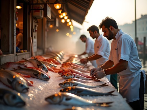 Early morning at Rialto Fish Market with local chefs selecting fresh seafood