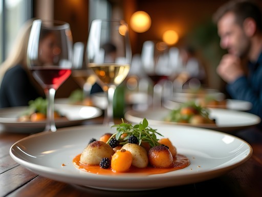 Elegant farm-to-table dinner with wine pairings and locally-sourced ingredients in restaurant setting