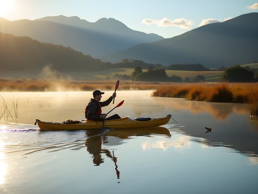Kayaking on Wairau Lagoons with mountains and vineyards visible in distance