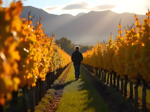 Biodynamic vineyard rows in autumn colors with mountains in background and person examining vines