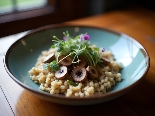 Elegant farm-to-table Appalachian dish featuring foraged mushrooms and local ingredients