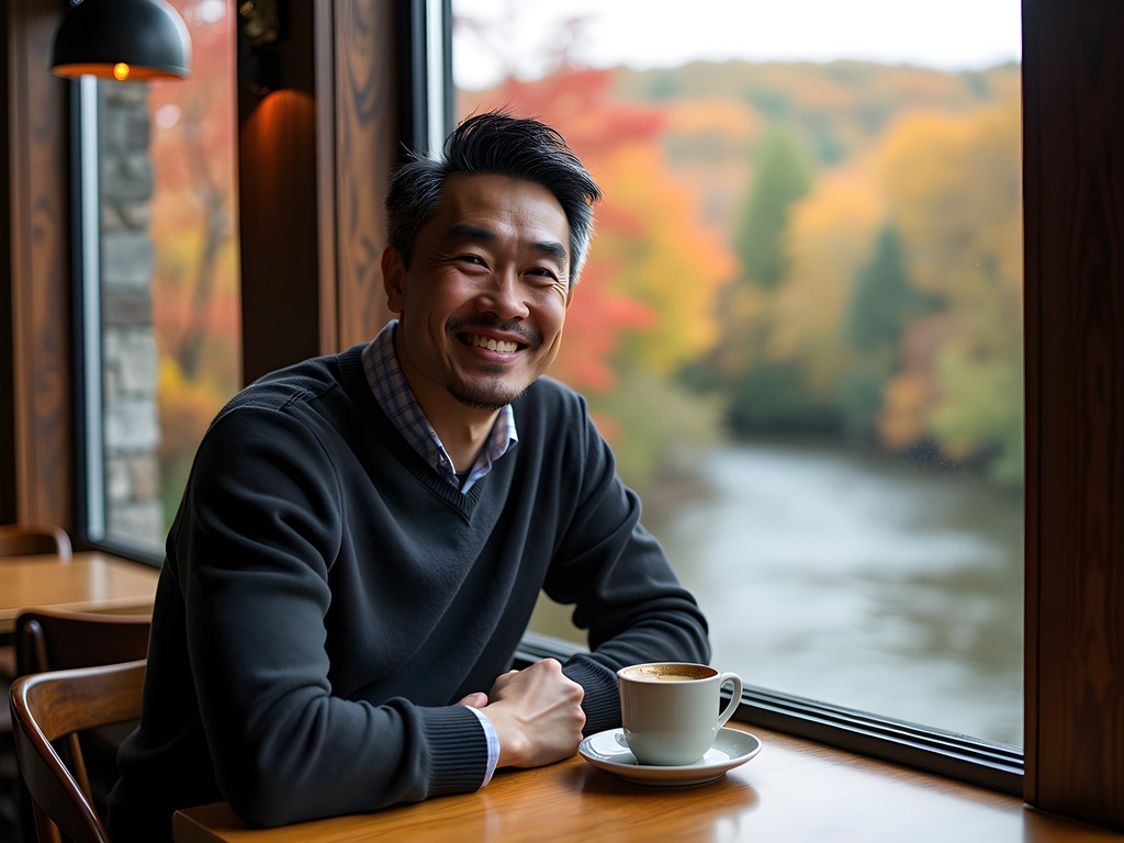 Coffee enthusiast enjoying pour-over coffee at riverside cafe in Winooski Vermont during fall