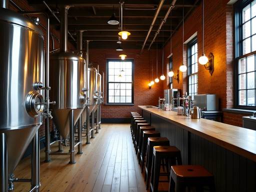 Four Quarters Brewing Winooski Vermont interior with exposed brick and fermentation tanks
