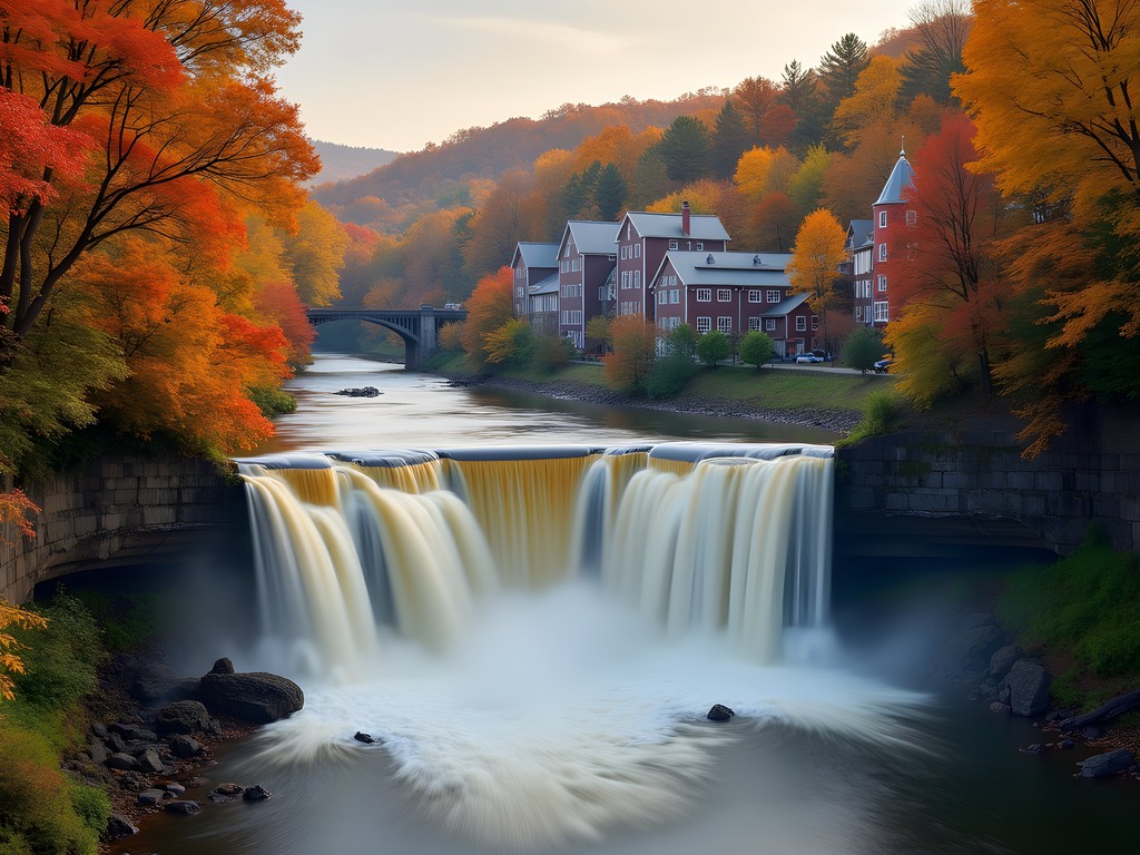 Winooski Falls waterfall with autumn foliage colors Vermont