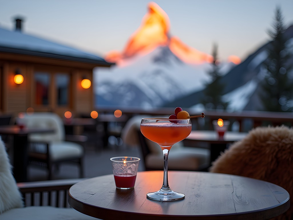 Luxury après-ski cocktails with Matterhorn sunset view in Zermatt