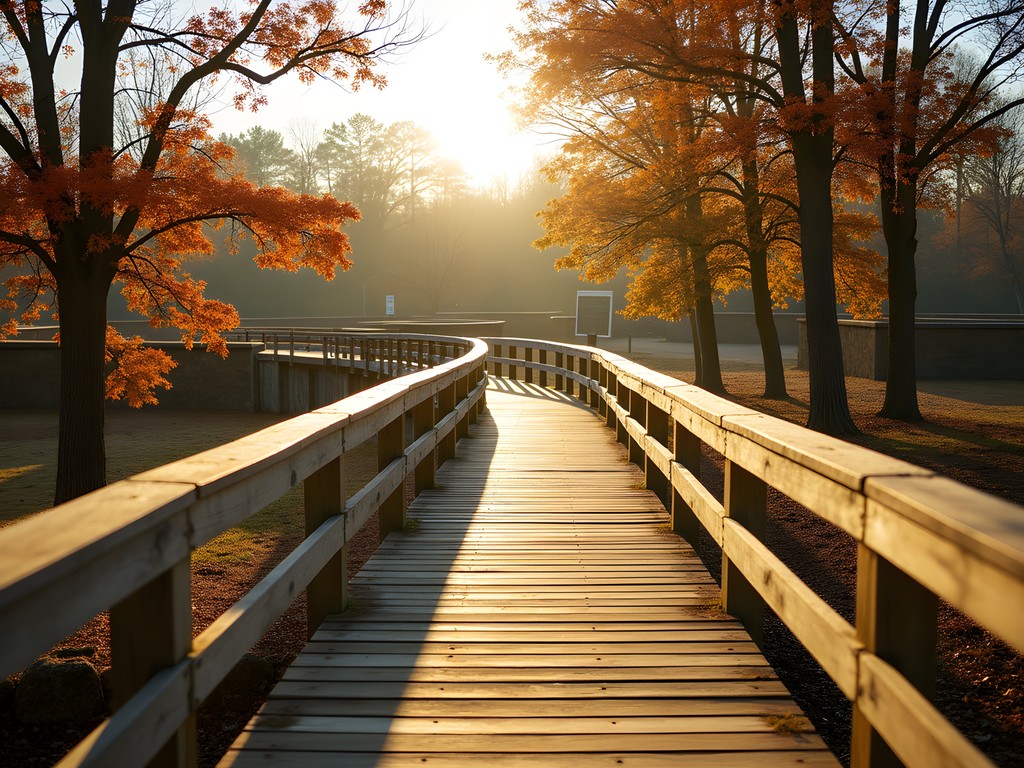Wooden boardwalk through the preserved earthen fortifications at Forts Randolph and Buhlow with fall foliage