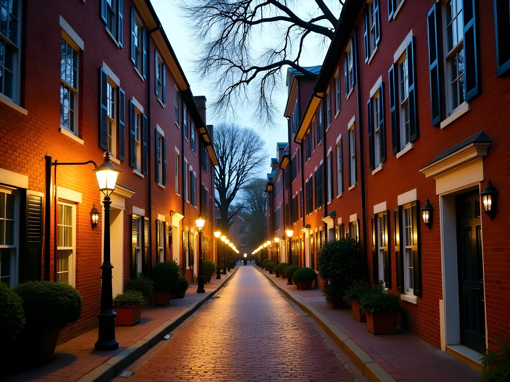 Historic cobblestone street with colonial row houses and gas lamps at dusk in Alexandria Virginia