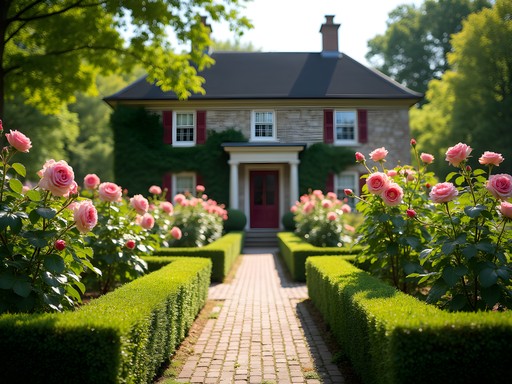 Historic colonial garden with heritage roses and boxwood hedges at Carlyle House Alexandria Virginia in spring