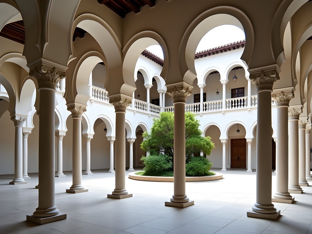 Elegant white marble columns and Moorish arches in the medieval Chiostro del Paradiso in Amalfi, Italy