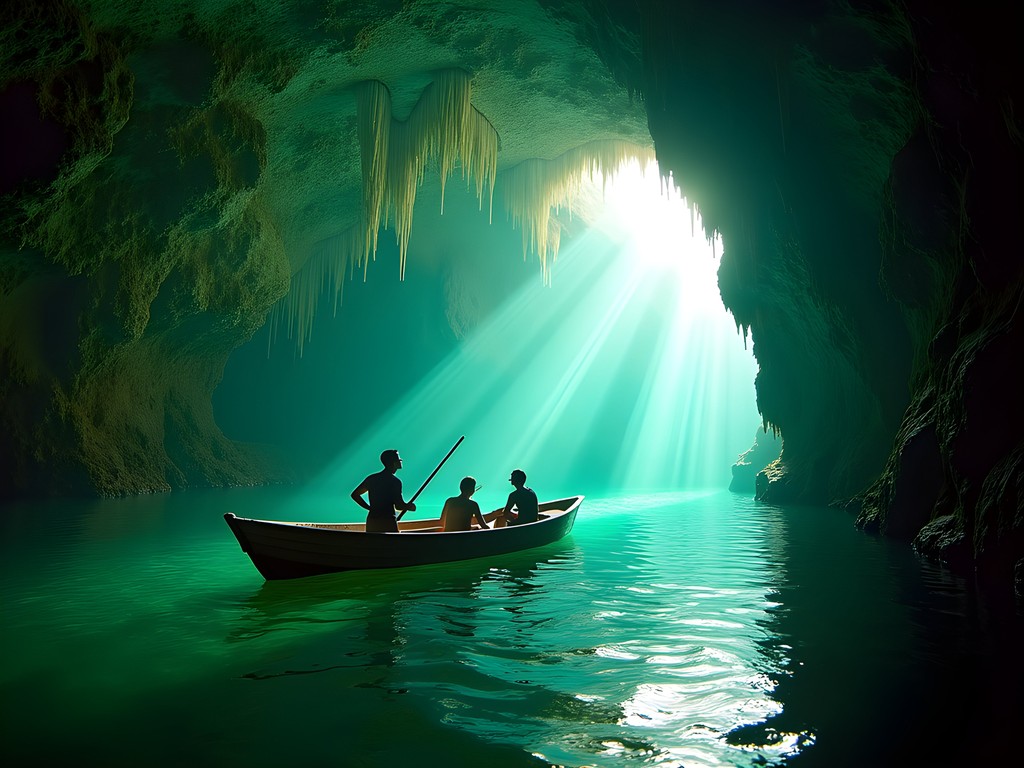 Ethereal emerald green waters inside Grotta dello Smeraldo sea cave on Italy's Amalfi Coast