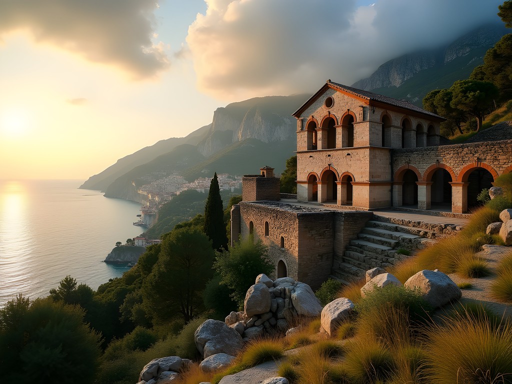 Ancient stone ruins of Basilica of Sant'Eustachio in Scala with panoramic view of Amalfi Coast