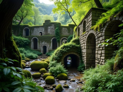 Ancient paper mill ruins surrounded by lush vegetation in Valle delle Ferriere near Amalfi Coast
