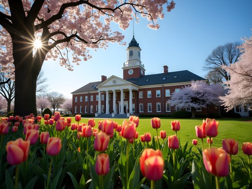 Bancroft Hall at US Naval Academy in Annapolis with spring flowers and morning light