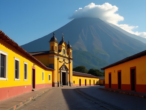 Colonial buildings in Antigua with Volcán Agua in background