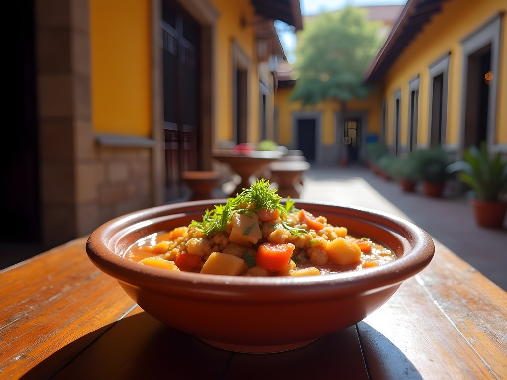 Traditional Guatemalan pepián dish served in colonial courtyard restaurant in Antigua