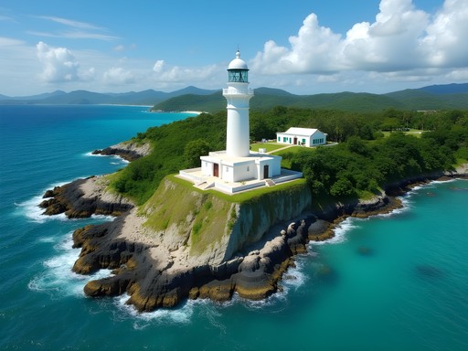 Aerial view of Arecibo Lighthouse and Historical Park with Atlantic Ocean backdrop