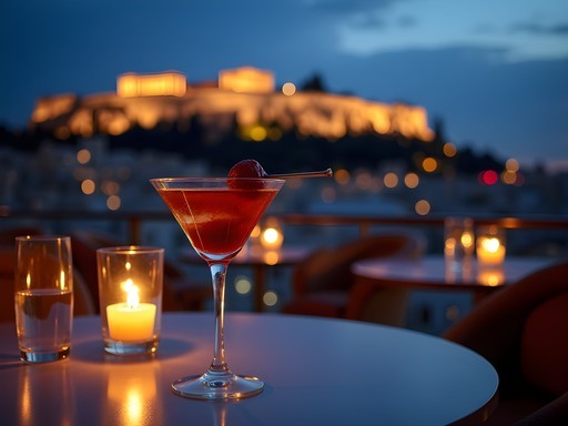 Evening view of Athens from a rooftop bar with the illuminated Acropolis and city lights