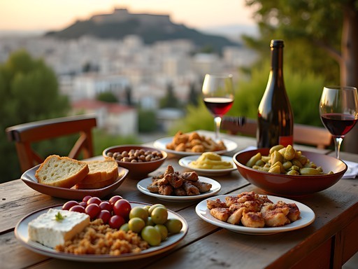 Traditional Greek meze spread with various dishes, olives, cheese, and wine with Athens view
