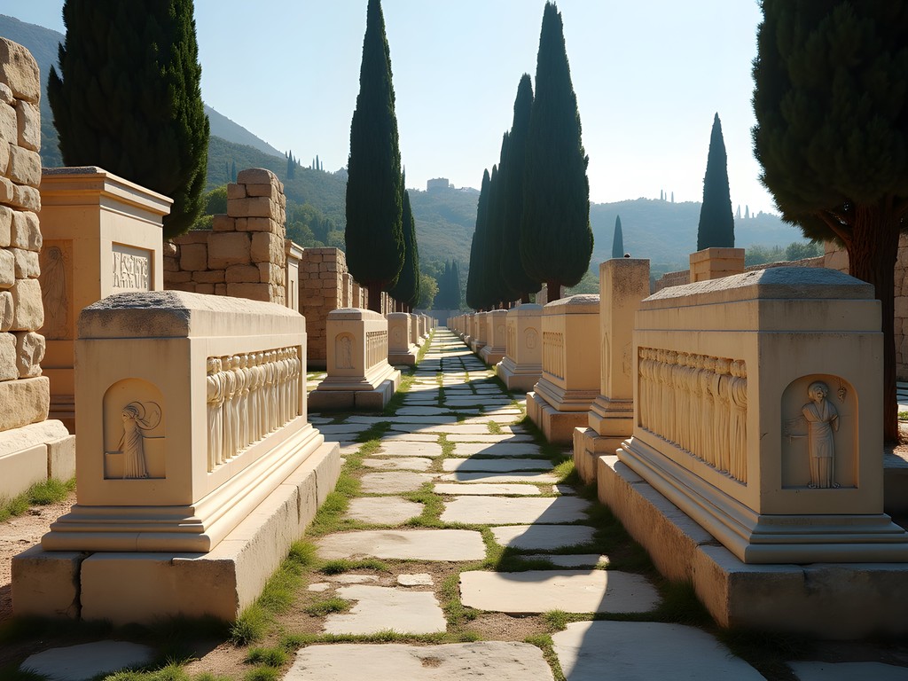 Ancient tombstones with relief sculptures at Kerameikos Cemetery archaeological site in Athens