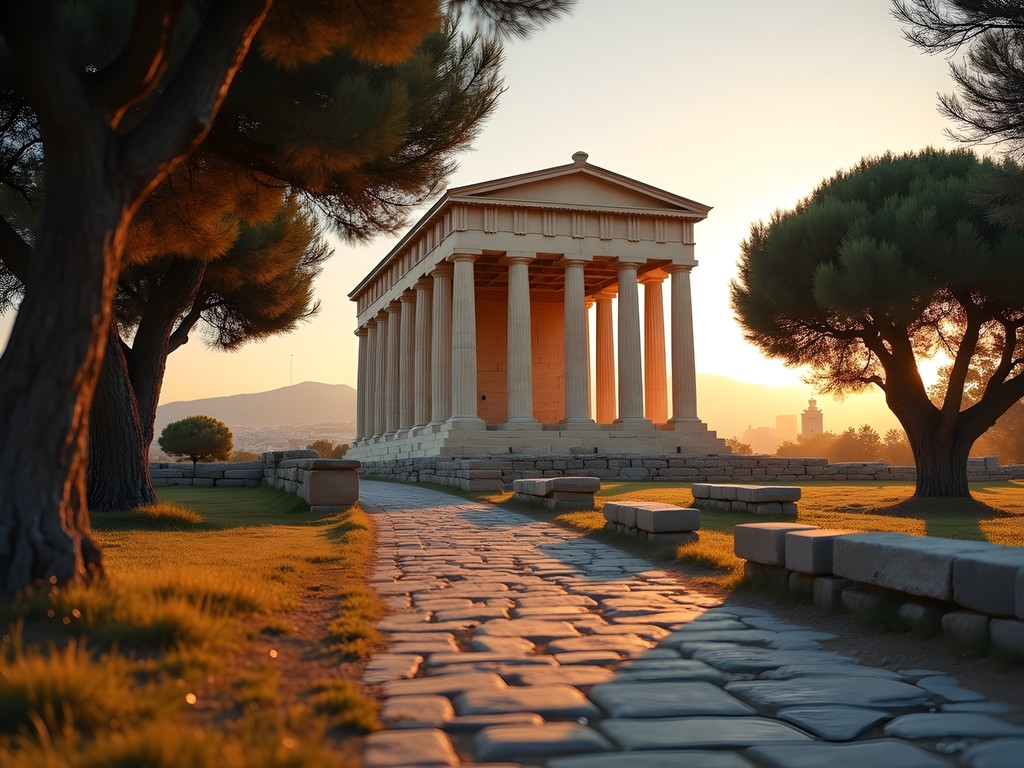 Temple of Hephaestus at the Ancient Agora in morning light with olive trees in foreground
