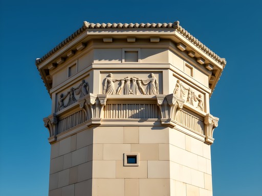 The octagonal Tower of the Winds in Athens' Roman Agora with detailed relief carvings