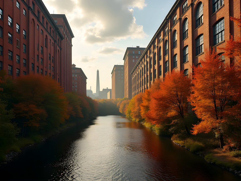 Historic Bates Mill Complex in Auburn Maine with fall foliage along Androscoggin River