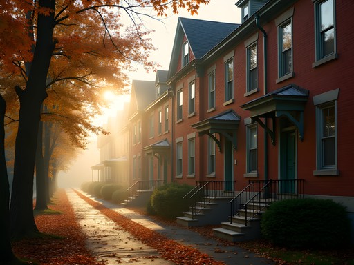 Historic mill worker housing in Auburn Maine with morning light and fall colors