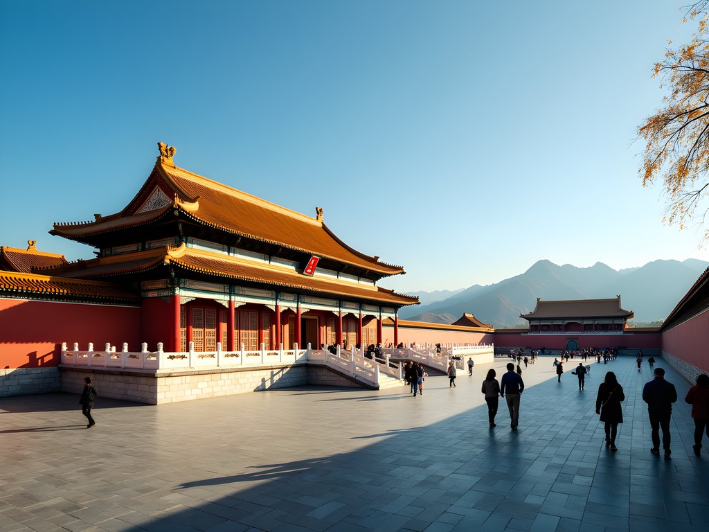 Golden rooftops and red columns of the Forbidden City's imperial halls against blue autumn sky
