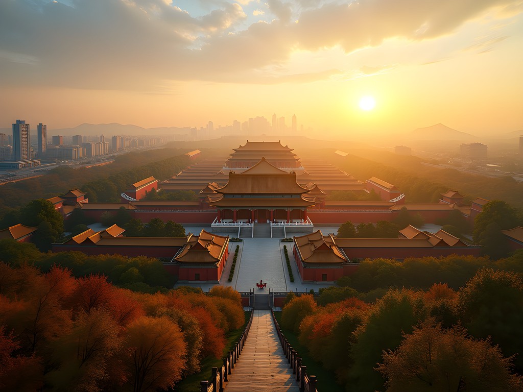 Panoramic view of the Forbidden City from Jingshan Park at sunset