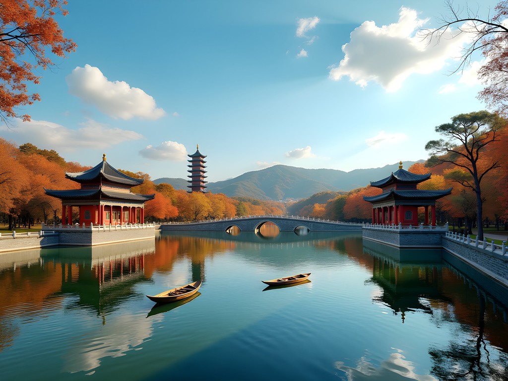 Summer Palace pavilions and bridges reflected in Kunming Lake during autumn