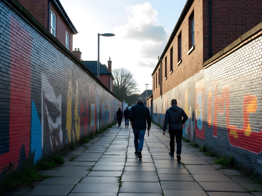 Colorful political murals on Belfast peace wall with messages of peace and remembrance