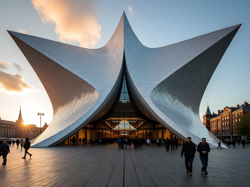 Modern Titanic Belfast museum building with distinctive architectural design at sunset