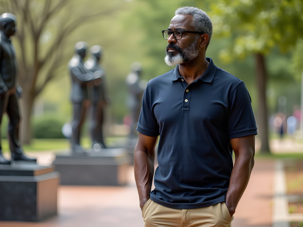 African American man in casual travel wear standing reflectively in Kelly Ingram Park Birmingham