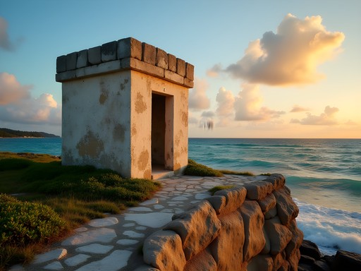 Historic limestone Guard House in Bodden Town at sunrise with Caribbean Sea in background